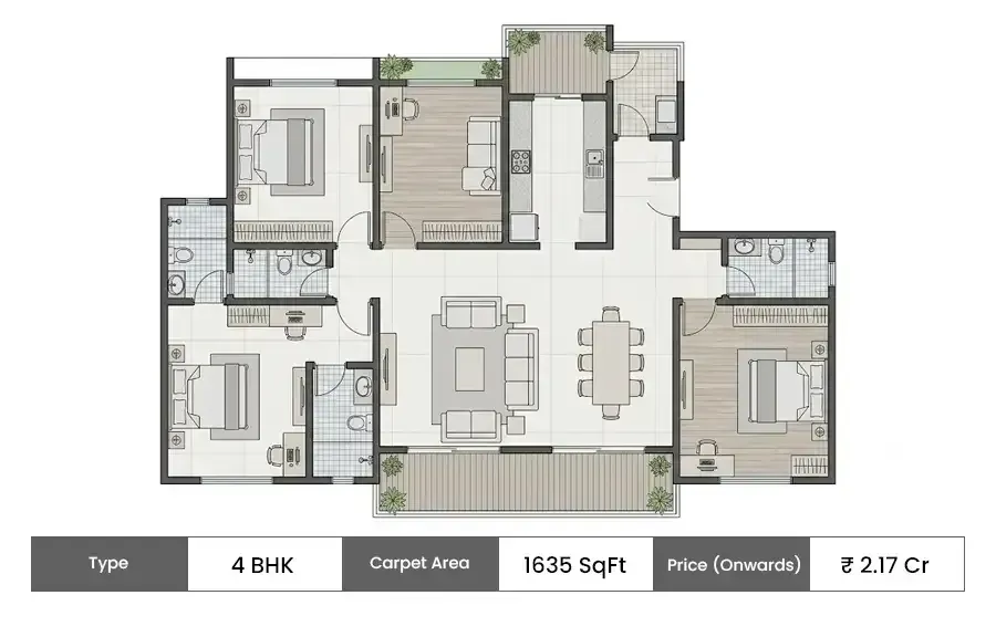 Mahindra Rivenza 4 BHK floor plan, 1635 sq ft carpet area