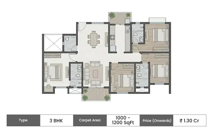 Mahindra Rivenza 3 BHK floor plan, 1000 sq ft carpet area